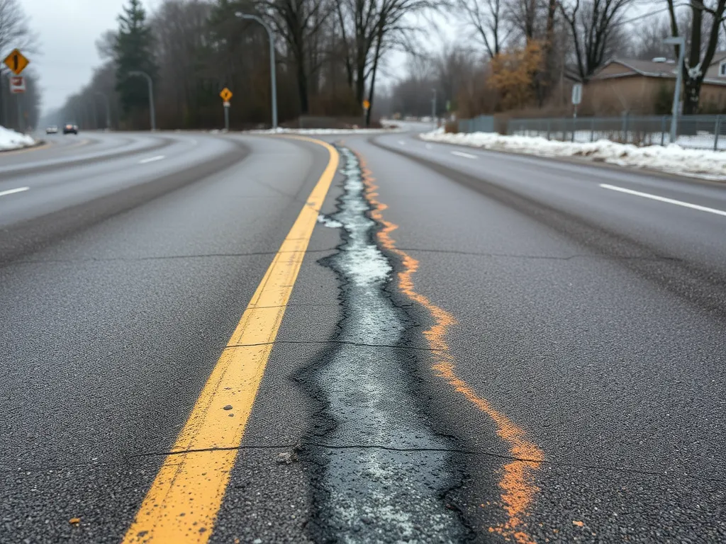 A damaged road with cracks and potholes requiring immediate repair to prevent worsening conditions.