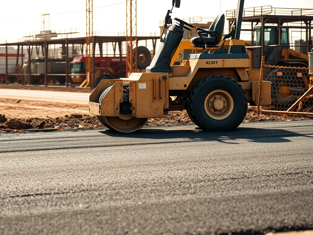 Heavy machinery pouring asphalt on a construction site for beginners.