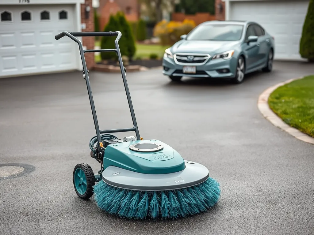 Power broom cleaning residential driveway for efficient maintenance
