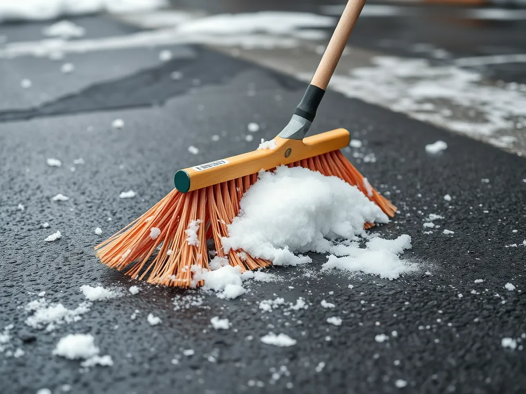 A power broom clearing snow from a residential driveway, highlighting its role in driveway maintenance.