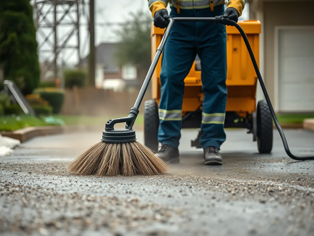 A person using a power broom to clean a residential driveway, showcasing the effectiveness of power brooms in driveway maintenance.