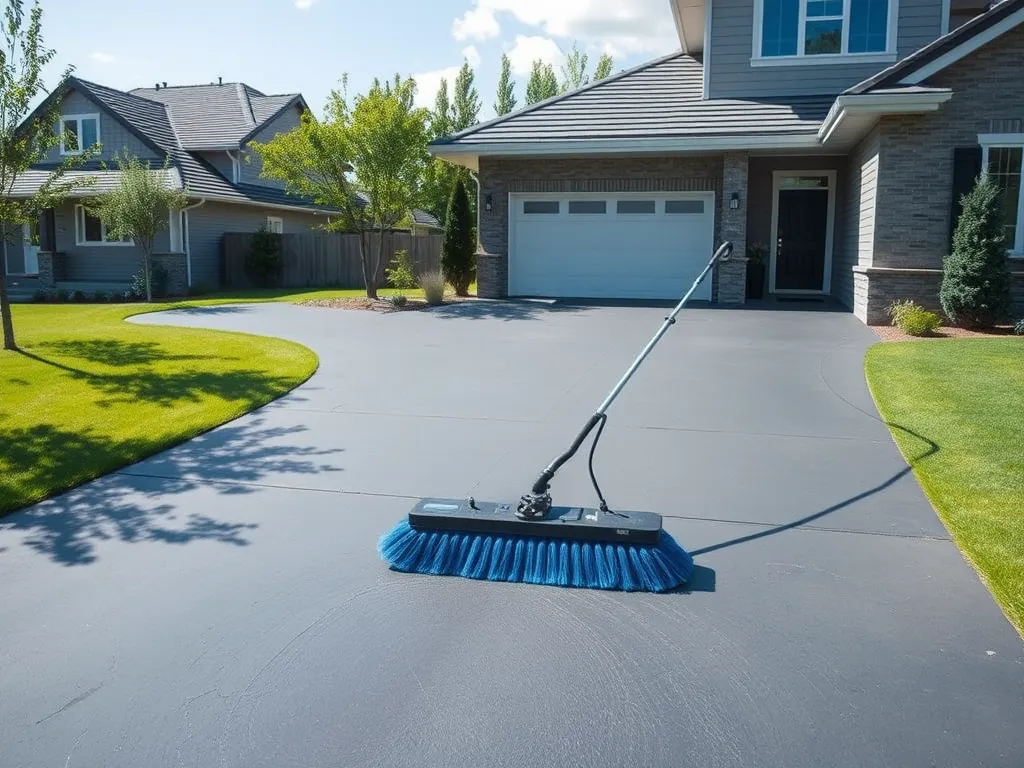 A power broom effectively cleaning a residential driveway with lush green lawns on either side.