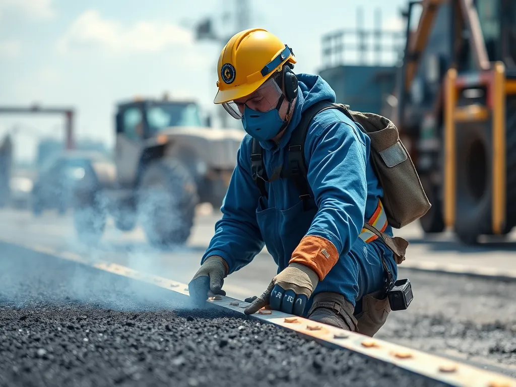 Construction worker wearing personal protective equipment while working on asphalt.