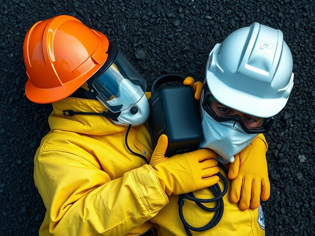 Workers wearing personal protective equipment for asphalt work, including helmets and masks for safety.