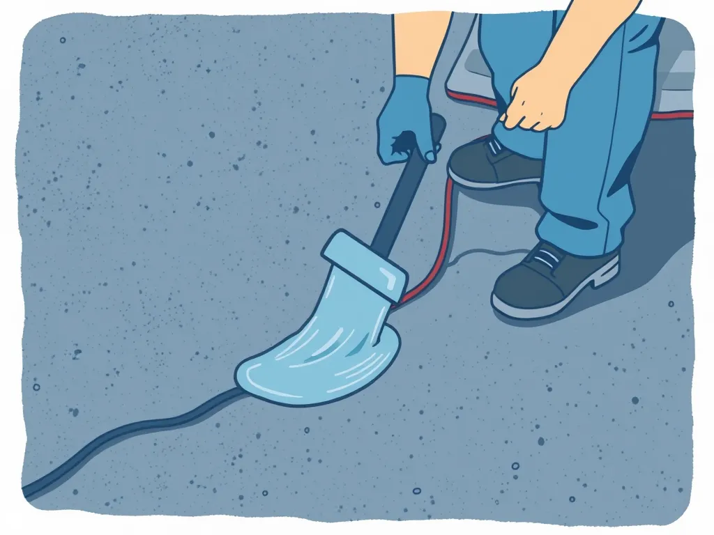 Person using a tool to seal asphalt cracks and prevent weeds from growing