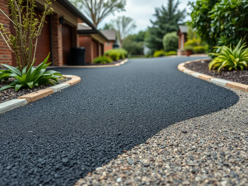 Asphalt driveway with cracked sections showing potential for weed growth