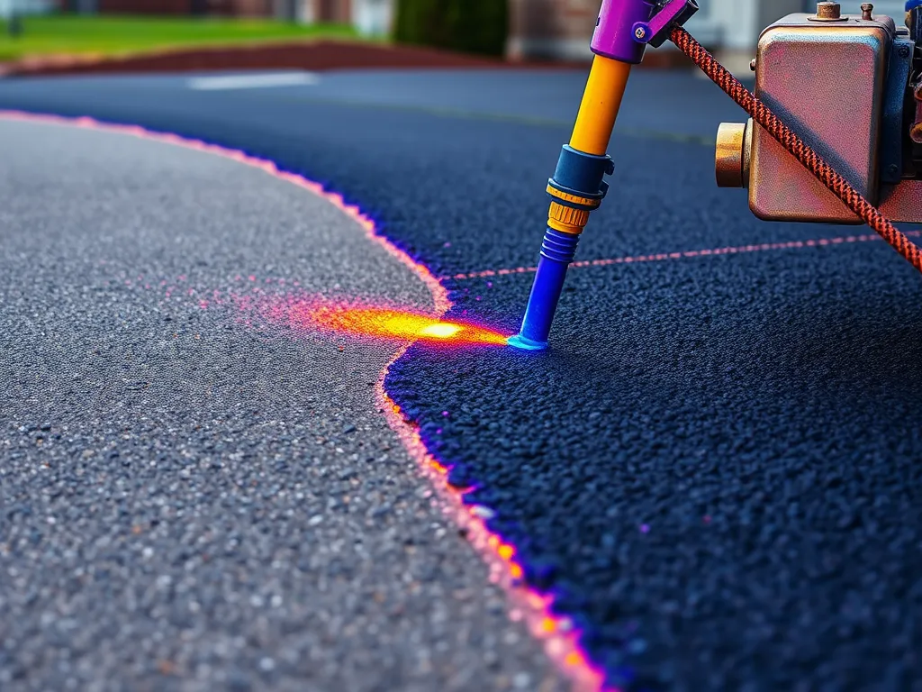 Using a hot air tool to seal asphalt cracks and prevent weed growth