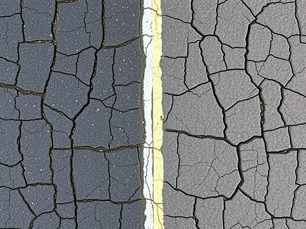 Comparison of cracked vs. well-maintained asphalt surface highlighting the importance of preventative asphalt maintenance.