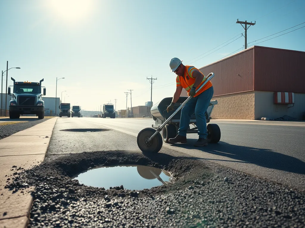 Worker repairing a pothole in asphalt to prevent further road damage
