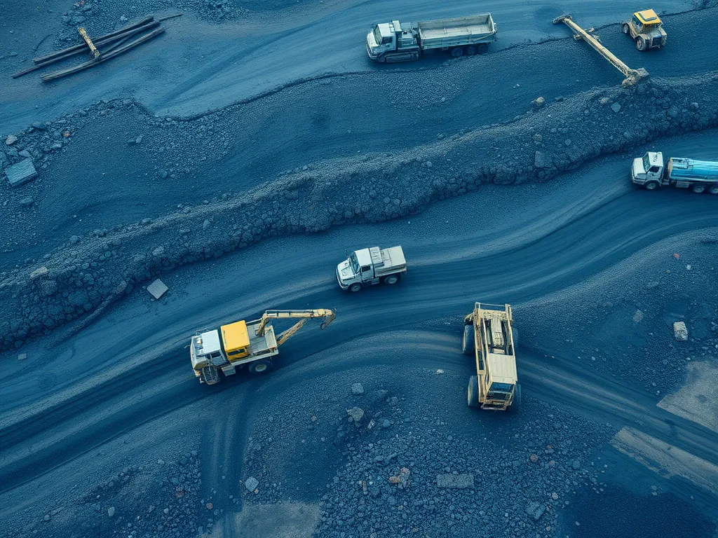 Heavy machinery and trucks operating at a primary asphalt extraction site
