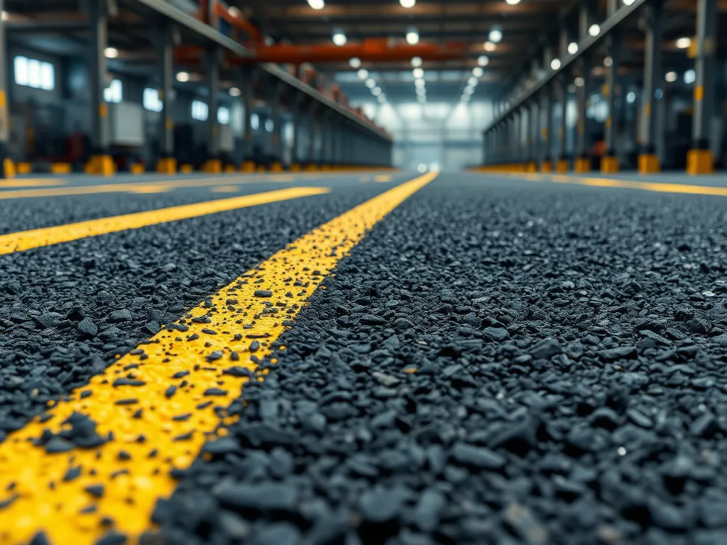 Close-up view of newly cured asphalt with yellow lines highlighting the importance of proper asphalt curing techniques for long-term durability.