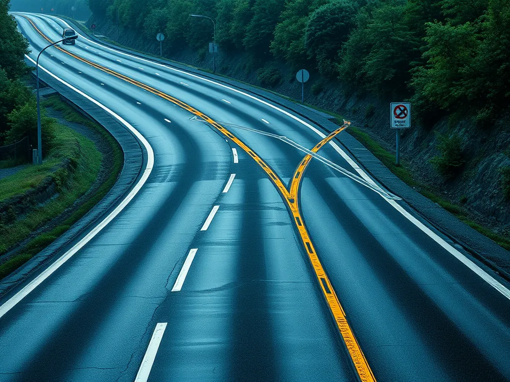 A winding asphalt road illustrating the need for proper drainage to prevent water accumulation.