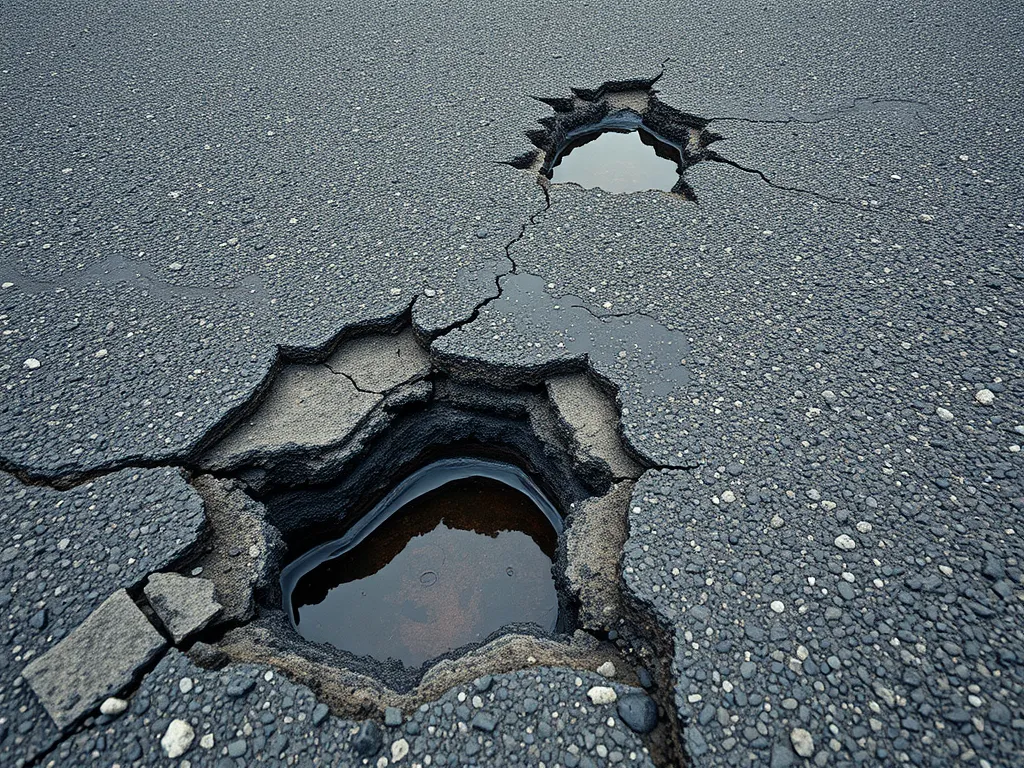 Potholes with standing water on asphalt surface highlighting the importance of proper drainage in asphalt applications