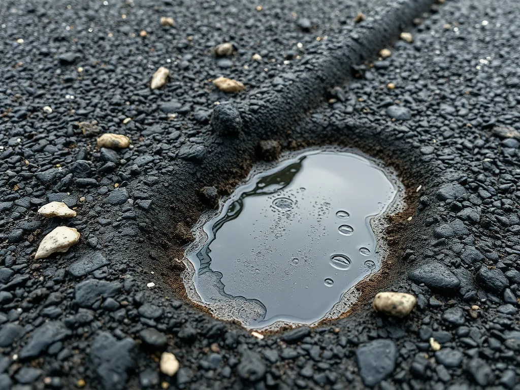 Puddle of water in asphalt showing the importance of proper drainage in asphalt applications