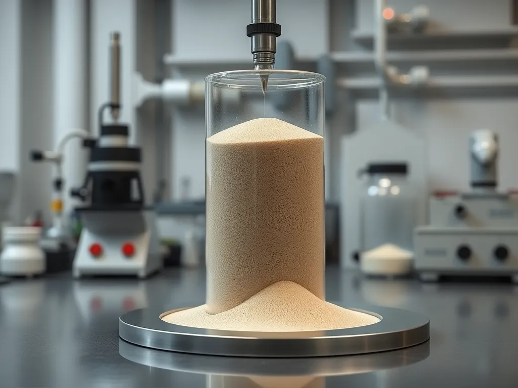 A laboratory setup showing sand being poured into a measuring cylinder, illustrating the properties of aggregate materials.
