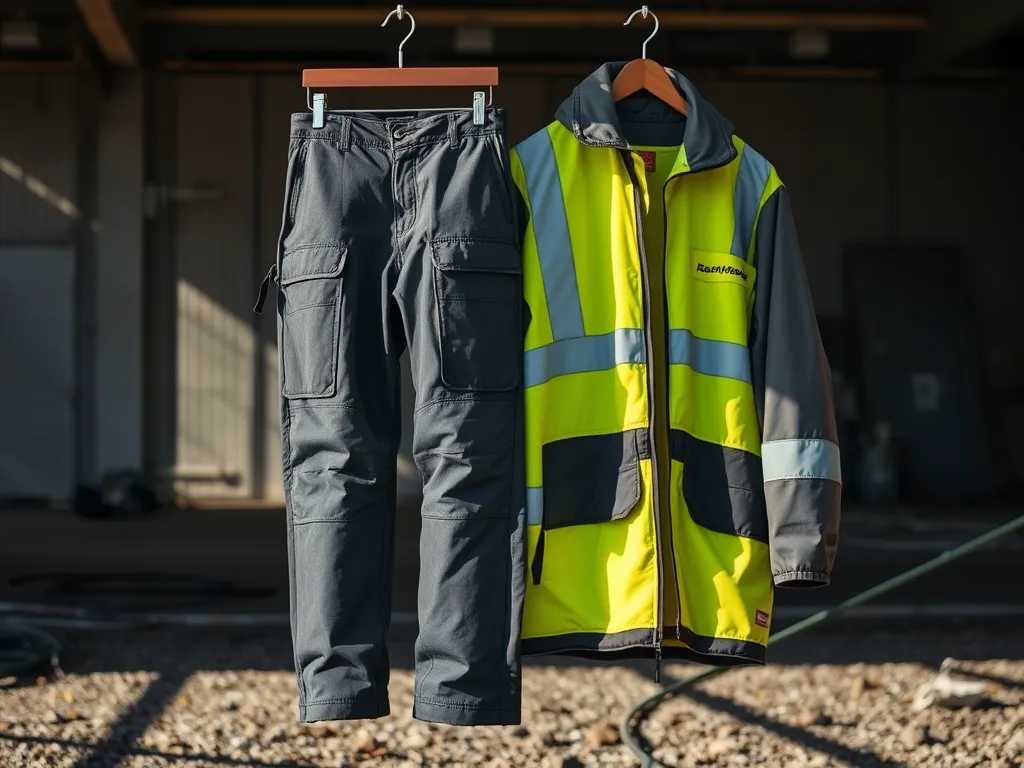 Protective clothing including high-visibility jacket and pants for working with hot asphalt.
