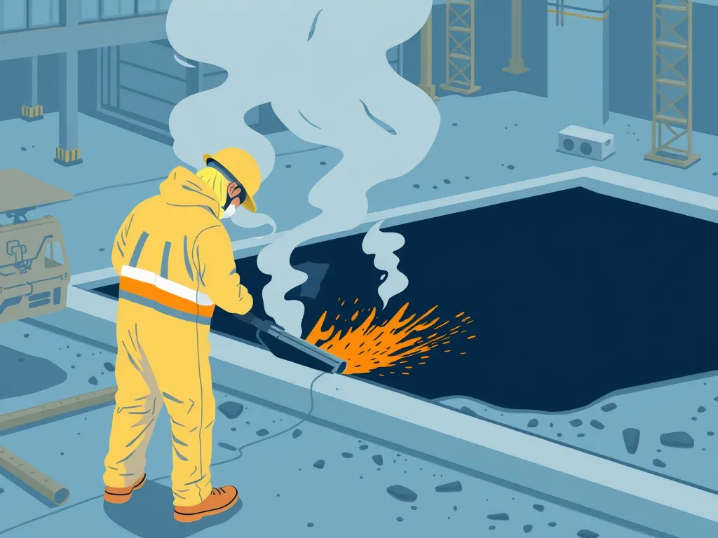 Worker wearing protective clothing while handling hot asphalt