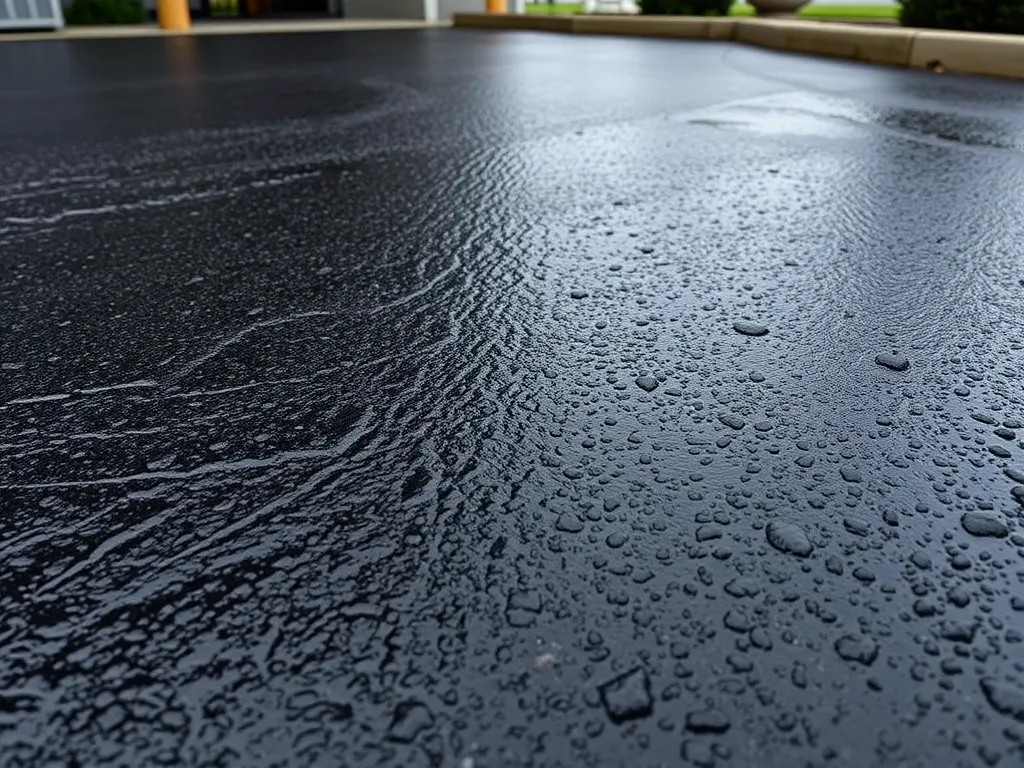 Close-up of water droplets on a freshly sealed asphalt surface showcasing protective sealants for asphalt longevity.