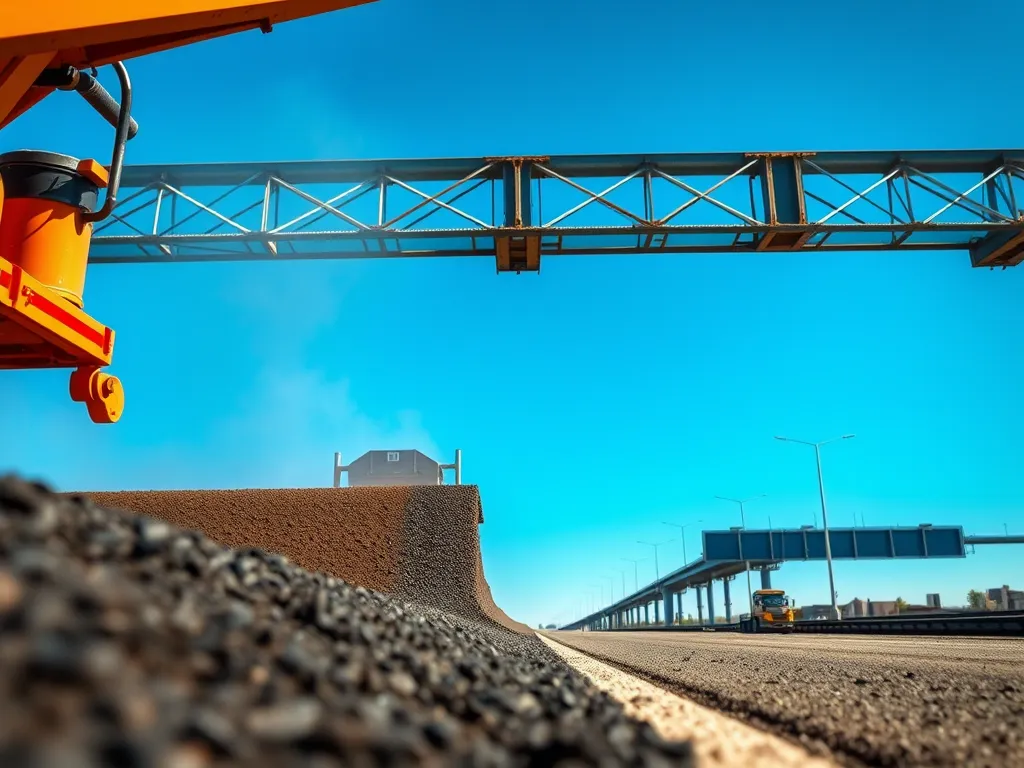 Construction scene showing warm mix asphalt being laid on a highway
