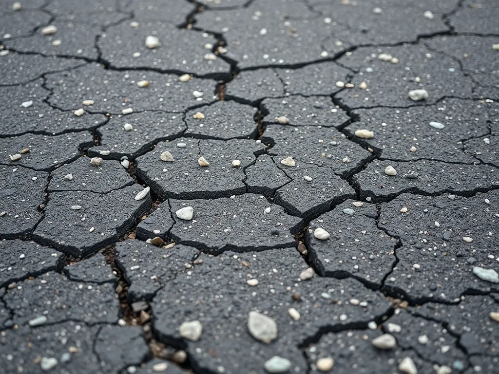 Cracked asphalt surface showing signs of poor quality asphalt materials.