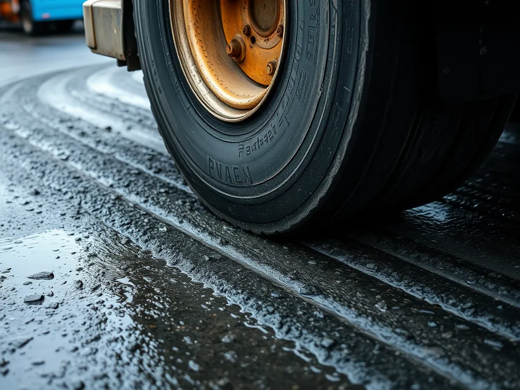Close-up of a tire on sustainable asphalt showcasing quality assurance in road construction.