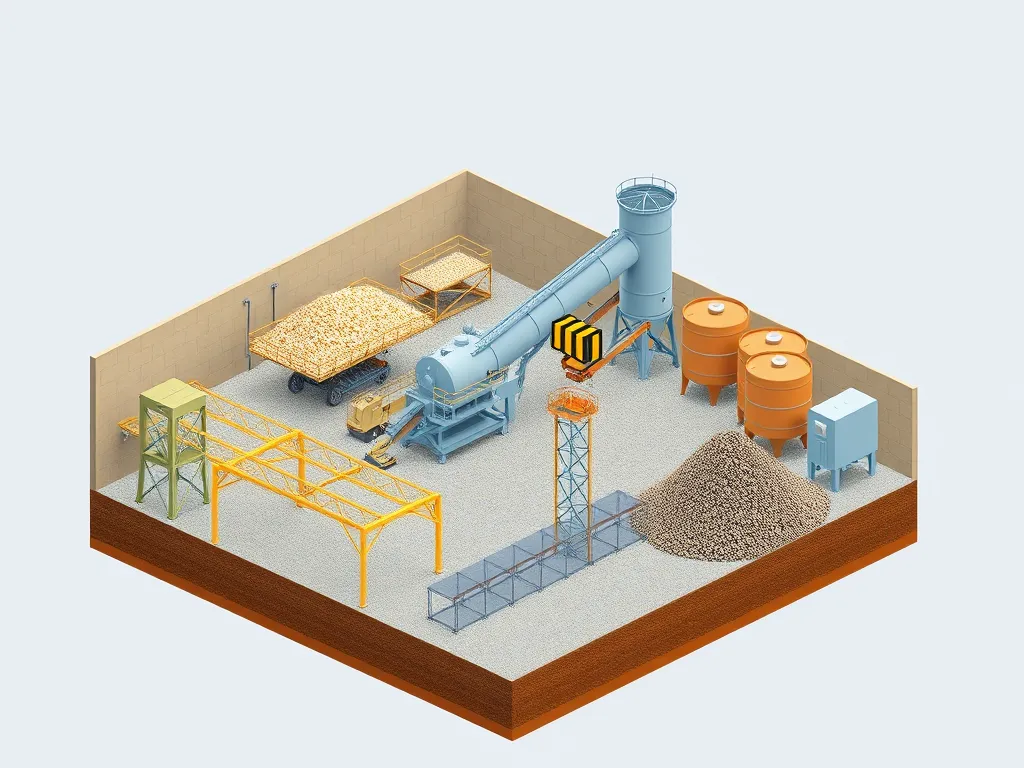 Illustration of quality control measures in aggregate production, showcasing machinery and storage.