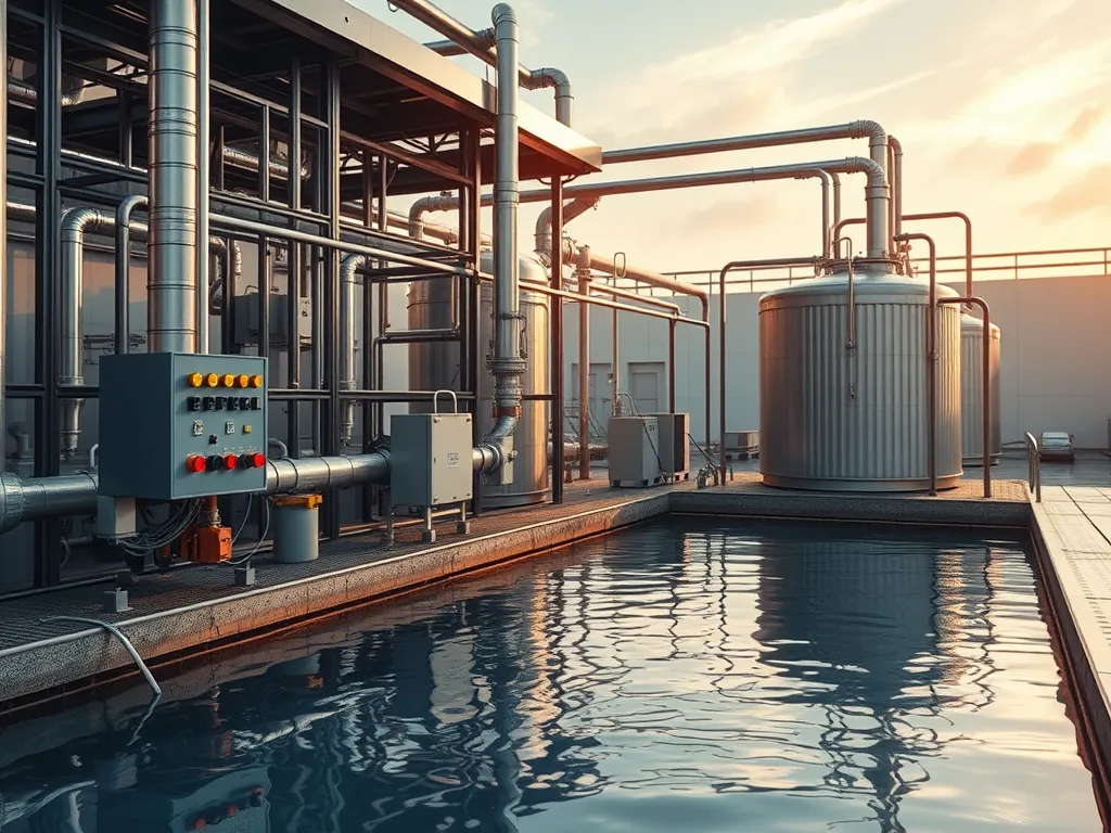 Industrial setup for quality control measures in aggregate production processes involving water treatment and equipment management.
