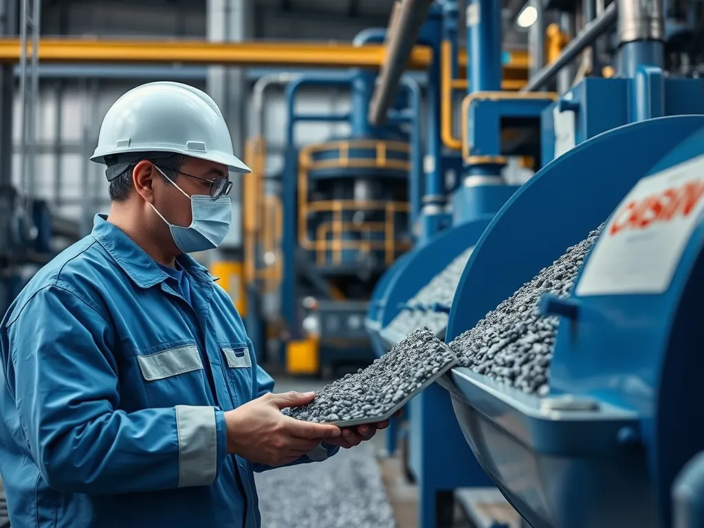 Worker inspecting aggregate materials for quality control in production.