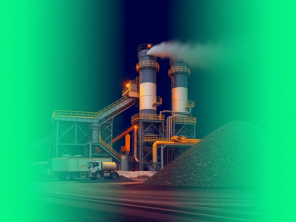 Image showcasing quality control measures in an aggregate production facility with machinery and materials.