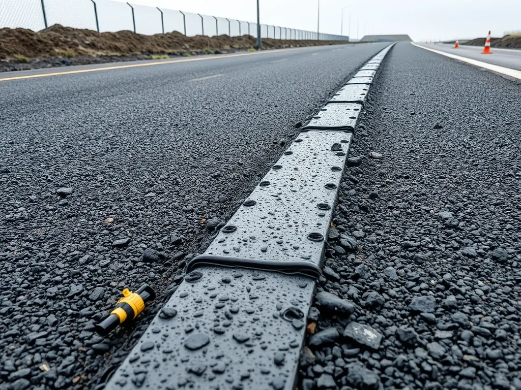Close-up view of an asphalt joint with moisture present, illustrating quality control measures in asphalt cooling and curing.
