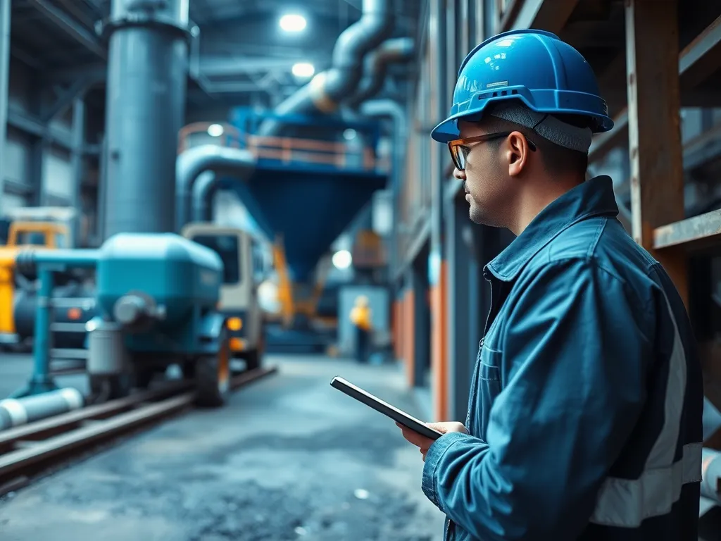 Engineer monitoring quality control in warm mix asphalt production facility.