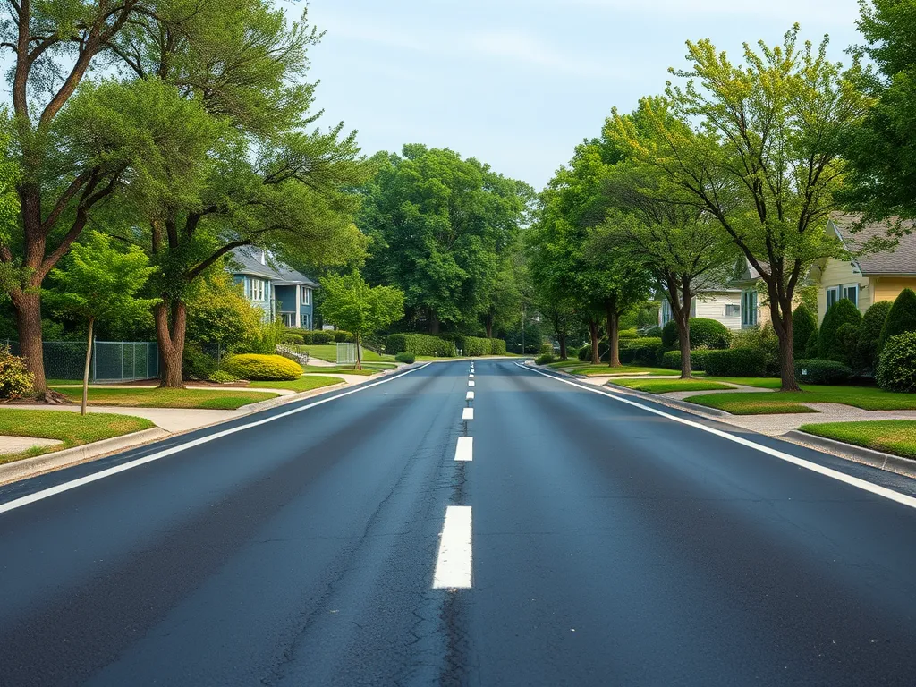 A serene urban street featuring quiet asphalt that reduces noise pollution in cities.