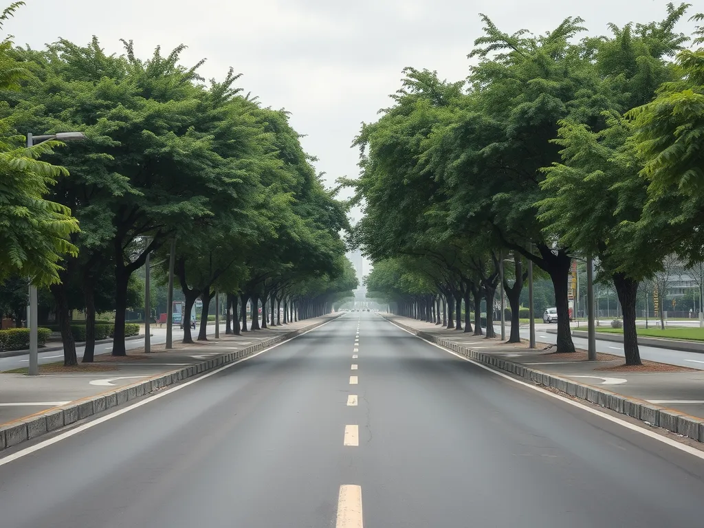 A serene urban street featuring quiet asphalt surrounded by trees, illustrating practical applications of quiet asphalt in cities.