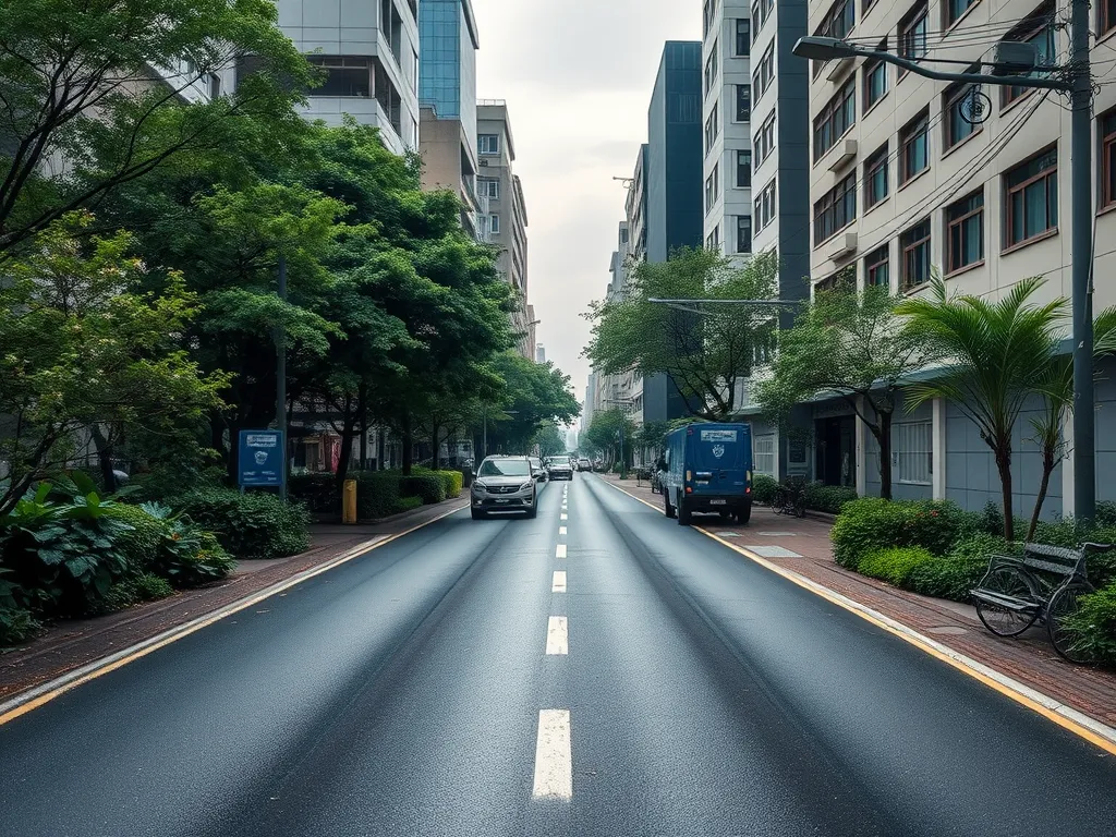 A wide city street featuring quiet asphalt, showcasing its practical application in reducing noise pollution.
