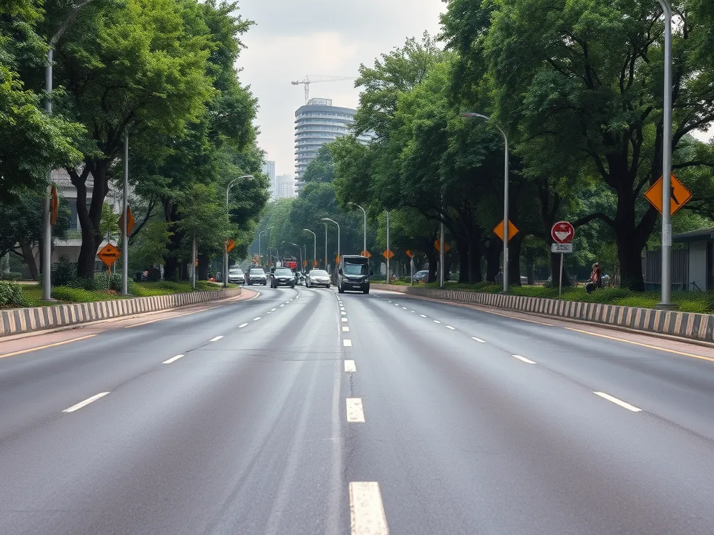 Peaceful city street with quiet asphalt reducing noise pollution in urban areas.
