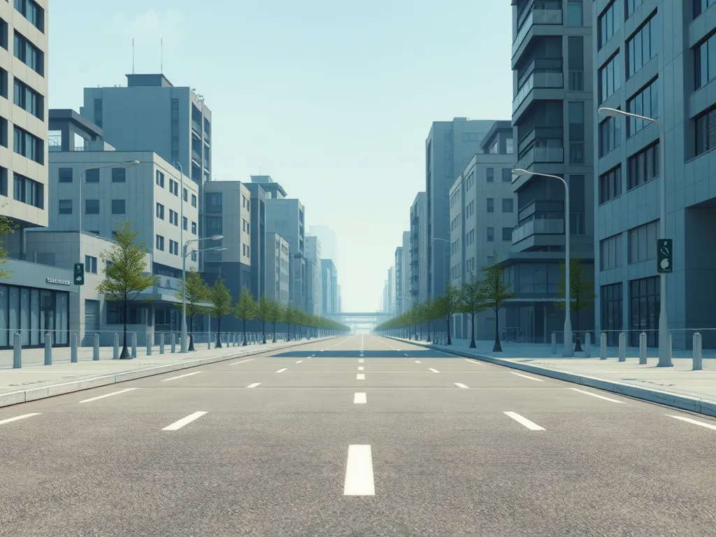 Modern urban street showcasing quiet pavement technology for noise reduction