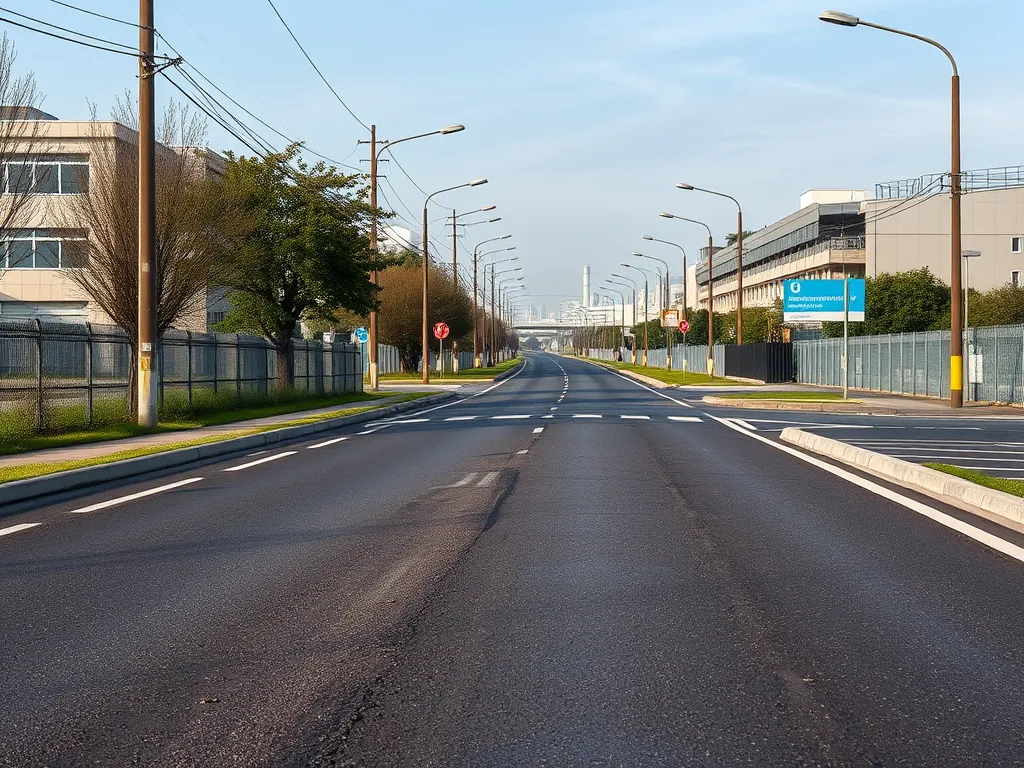 An empty street showcasing quiet pavement technology for reduced noise pollution and improved urban living.