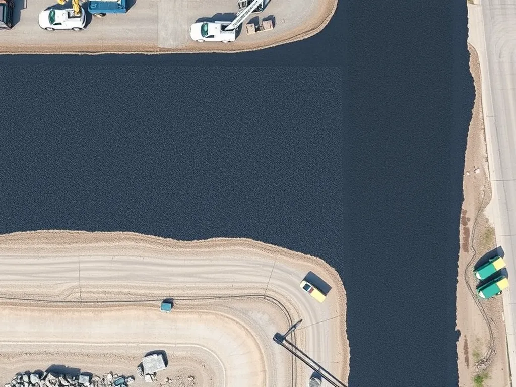 Aerial view of asphalt mixing site with reclaimed asphalt pavement (RAP) incorporated.