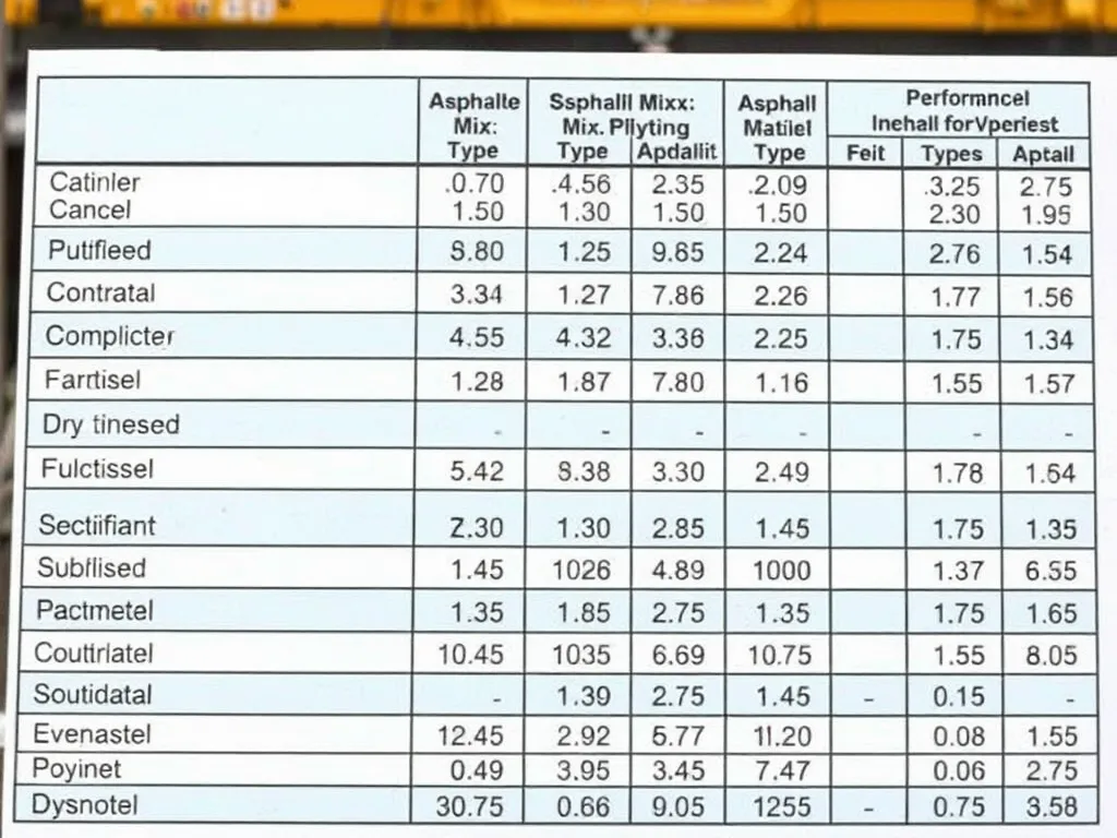 Table illustrating the components and performance metrics of various asphalt mixes including RAP