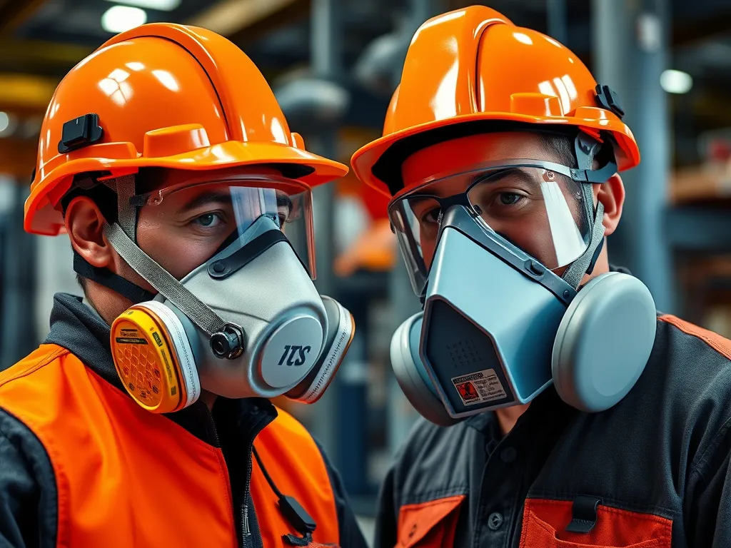 Two construction workers wearing safety masks and helmets, emphasizing safety in asphalt research.