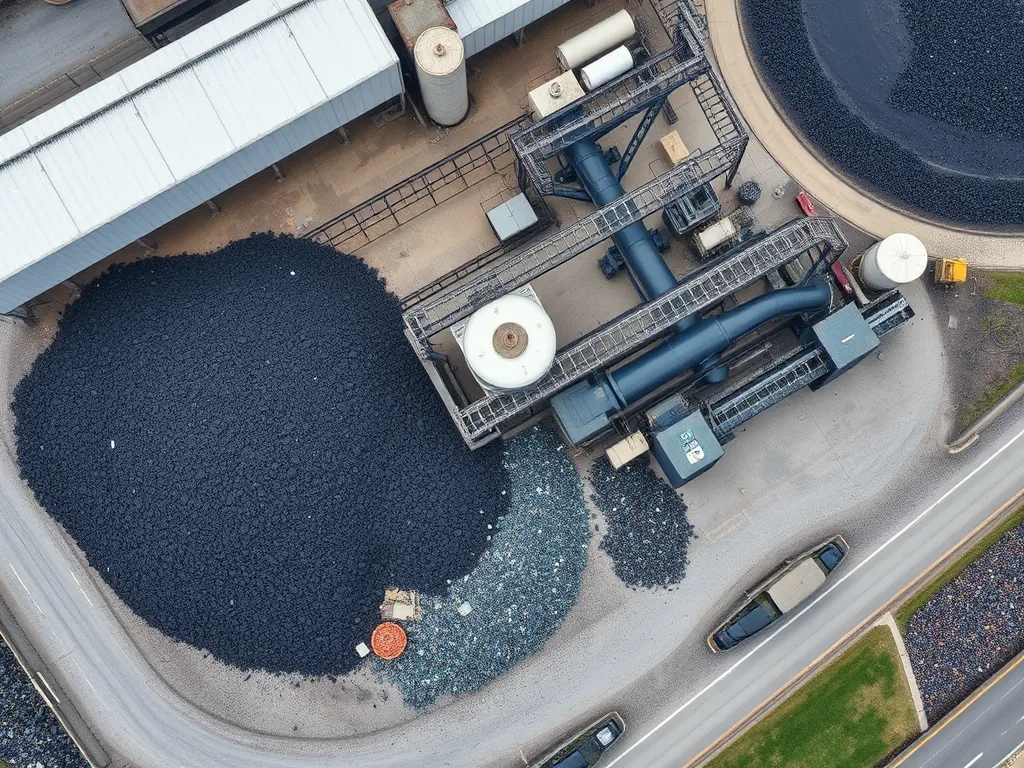 Aerial view of a facility for processing reclaimed asphalt pavement, highlighting the environmental impact of asphalt recycling.