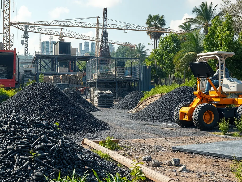 A construction site showcasing piles of reclaimed asphalt material, illustrating eco-friendly construction practices.