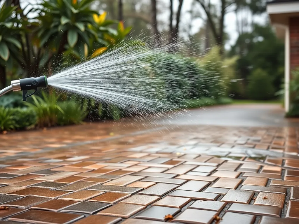 High-pressure water spray cleaning asphalt surface with recommended products