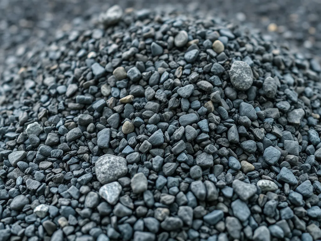 Close-up of recycled aggregates used in asphalt production, showcasing various sizes and textures.