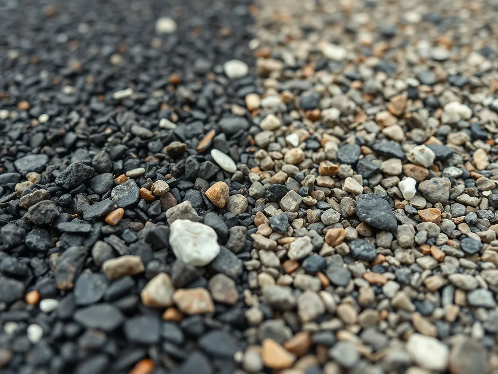 Close-up of recycled aggregates used in asphalt paving, showcasing a mixture of materials.
