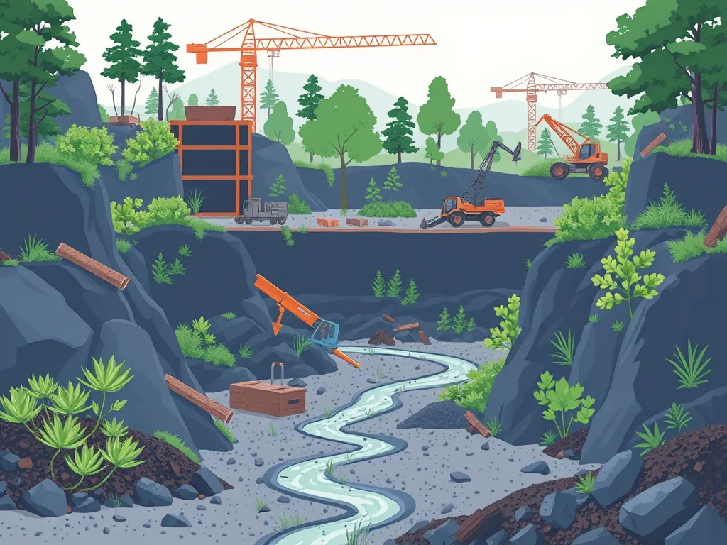 Illustration of construction site using recycled aggregates for sustainable development.