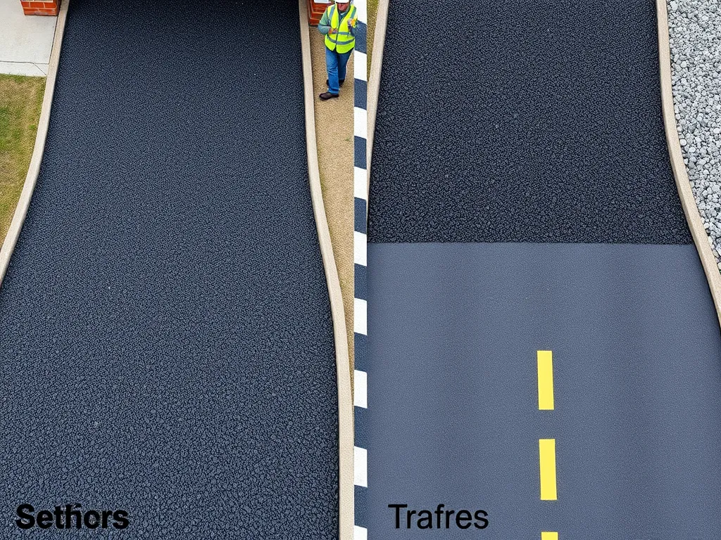 Image showing comparison of recycled asphalt and traditional pavement, illustrating cost benefits.