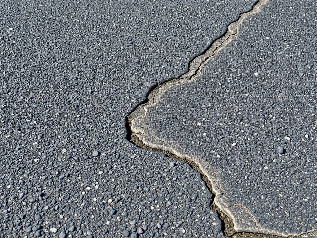 Close-up of a crack in a recycled asphalt pavement highlighting the durability and maintenance aspects of recycled asphalt.