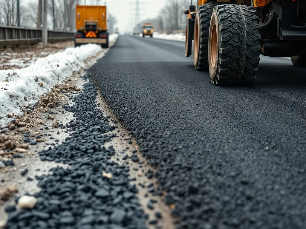 Heavy machinery laying recycled asphalt materials on a road.
