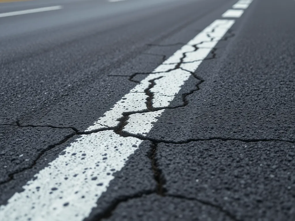 Cracked asphalt road illustrating the need for recycled asphalt solutions in road maintenance.